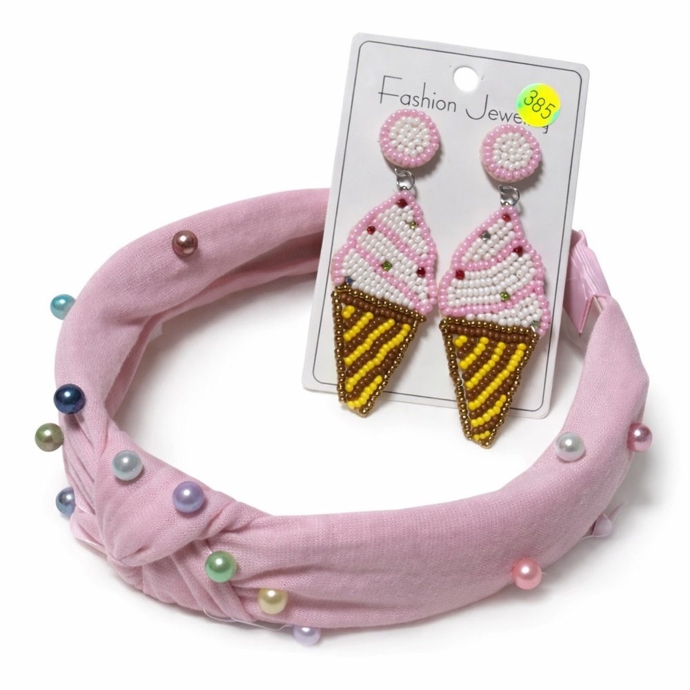 Pink Beaded Headband and Ice Cream Earrings Set